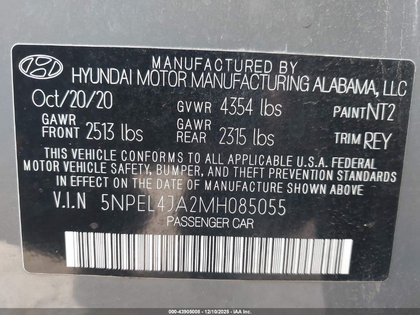 2021 Hyundai Sonata Sel VIN: 5NPEL4JA2MH085055 Lot: 43905008