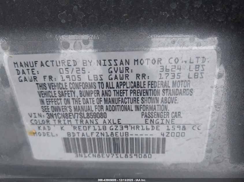 2025 Nissan Versa 1.6 Sv VIN: 3N1CN8EV7SL859080 Lot: 43905009