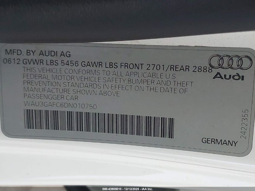 2013 Audi A7 3.0T Premium VIN: WAU3GAFC6DN010750 Lot: 43905010