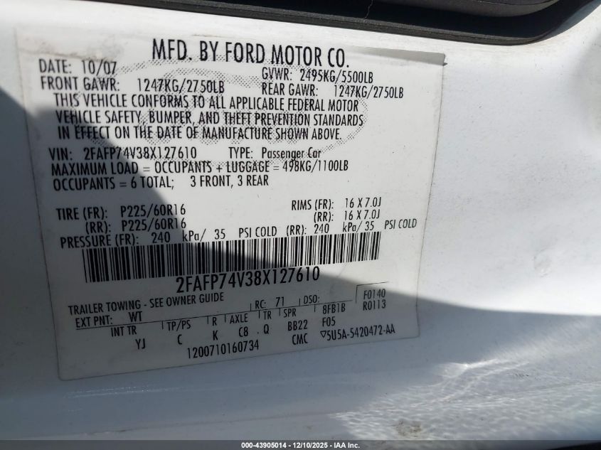 2008 Ford Crown Victoria Lx VIN: 2FAFP74V38X127610 Lot: 43905014