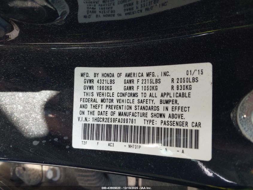 2015 Honda Accord Sport VIN: 1HGCR2F50FA099781 Lot: 43905020