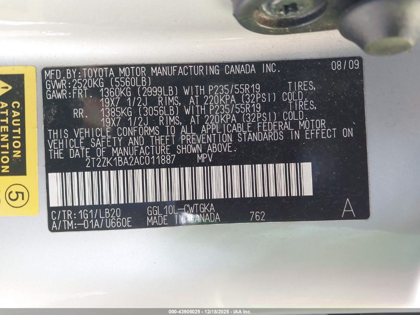 2010 Lexus Rx 350 VIN: 2T2ZK1BA2AC011887 Lot: 43905029