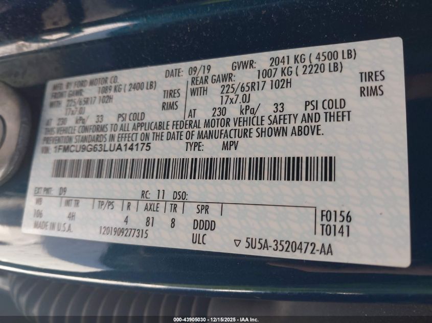 2020 Ford Escape Se VIN: 1FMCU9G63LUA14175 Lot: 43905030