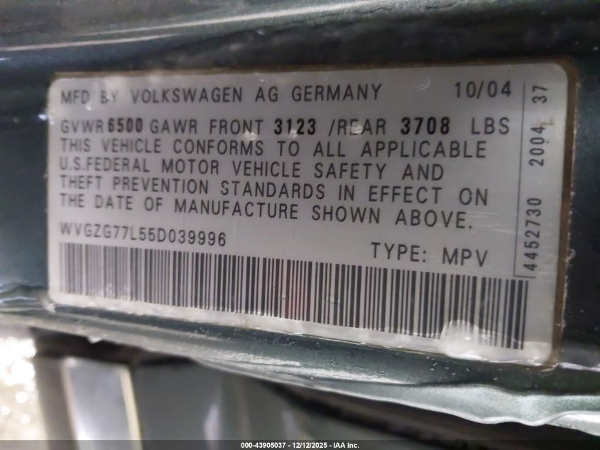 2005 Volkswagen Touareg V6 VIN: WVGZG77L55D039996 Lot: 43905037