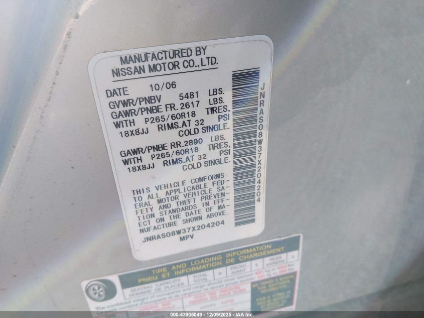 2007 Infiniti Fx35 VIN: JNRAS08W37X204204 Lot: 43905049