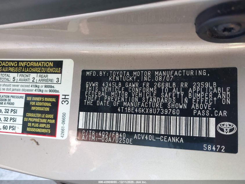 2008 Toyota Camry Le VIN: 4T1BE46KX8U739760 Lot: 43905055