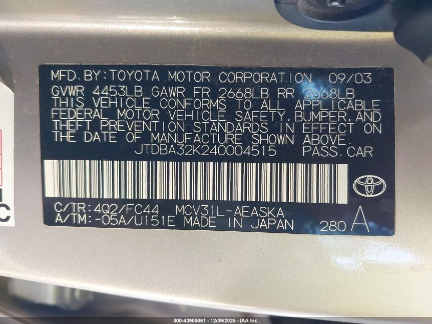2004 Toyota Camry Se V6 VIN: JTDBA32K240004515 Lot: 43905061