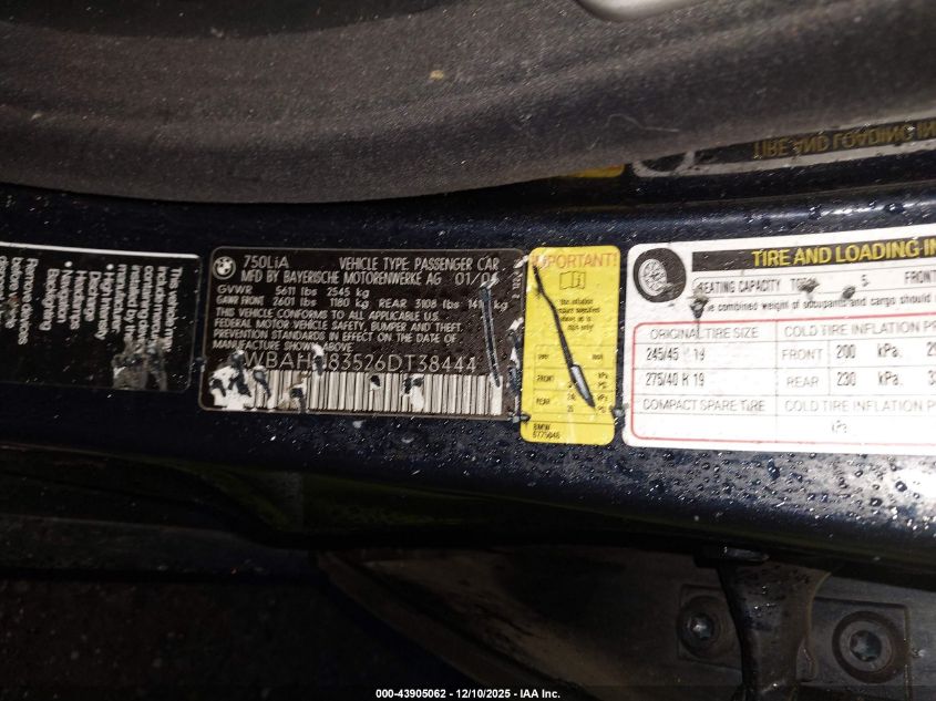 2006 BMW 750Li VIN: WBAHN83526DT38444 Lot: 43905062