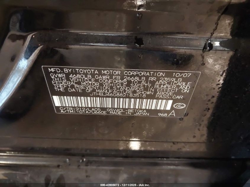 2008 Lexus Es 350 VIN: JTHBJ46G882183518 Lot: 43905072