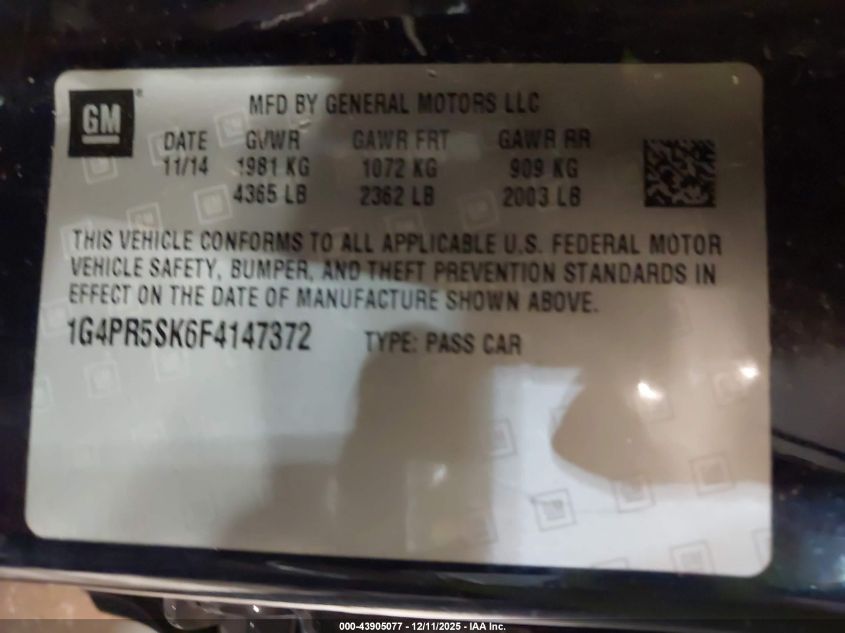 2015 Buick Verano Convenience Group VIN: 1G4PR5SK6F4147372 Lot: 43905077