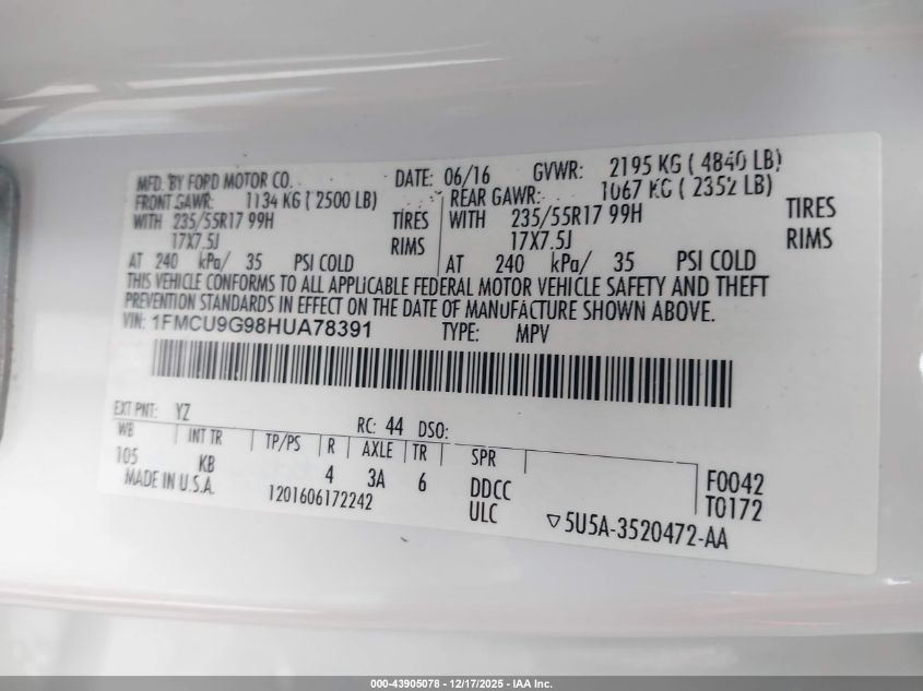 2017 Ford Escape Se VIN: 1FMCU9G98HUA78391 Lot: 43905078