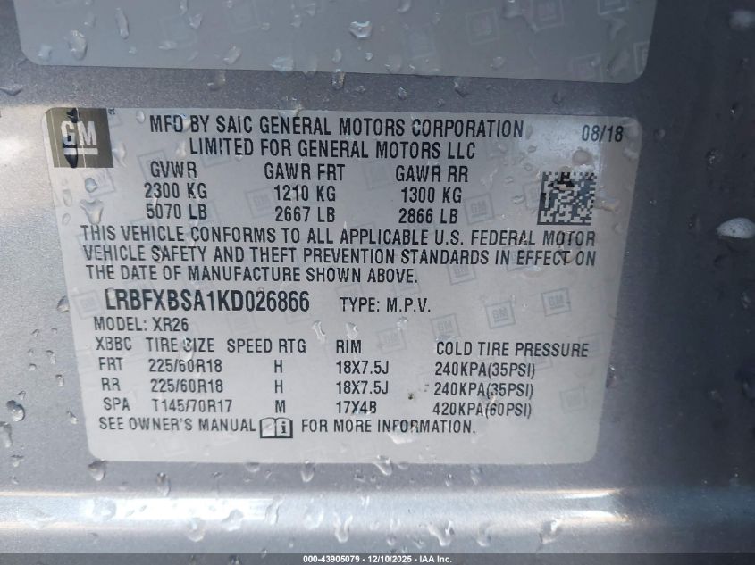 2019 Buick Envision Fwd Preferred VIN: LRBFXBSA1KD026866 Lot: 43905079