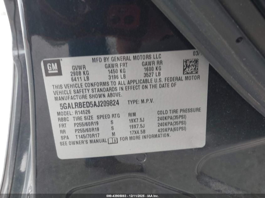 2010 Buick Enclave 1Xl VIN: 5GALRBED5AJ209824 Lot: 43905083