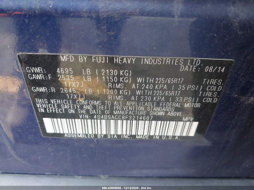 2015 Subaru Outback 2.5I Premium VIN: 4S4BSACC8F3214607 Lot: 43905086