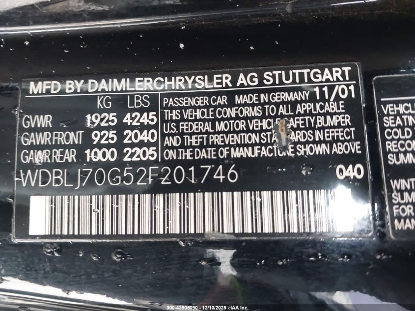 2002 Mercedes-Benz Clk 430 VIN: WDBLJ70G52F201746 Lot: 43905090