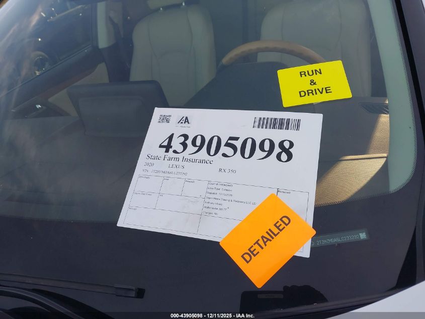 2020 Lexus Rx 350 VIN: 2T2HZMDA6LC233292 Lot: 43905098