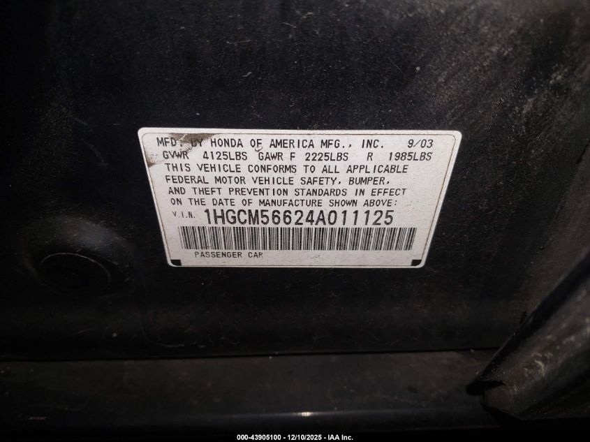 2004 Honda Accord 2.4 Ex VIN: 1HGCM56624A011125 Lot: 43905100