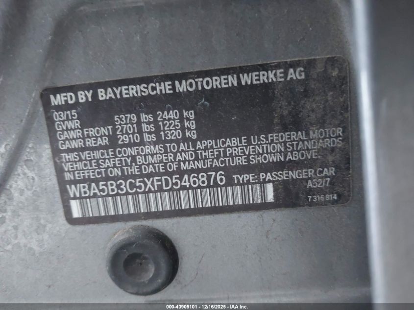 2015 BMW 535I xDrive VIN: WBA5B3C5XFD546876 Lot: 43905101