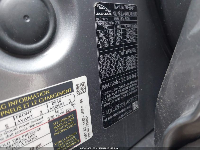 2020 Jaguar F-Pace Premium P250 Awd Automatic VIN: SADCJ2FX2LA636321 Lot: 43905105