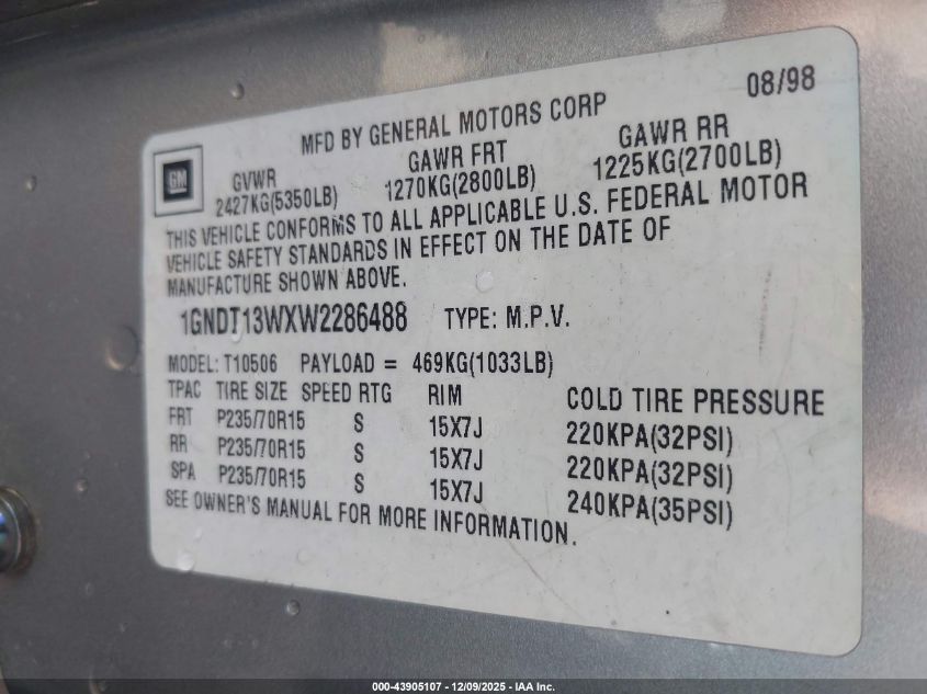 1998 Chevrolet Blazer Lt VIN: 1GNDT13WXW2286488 Lot: 43905107