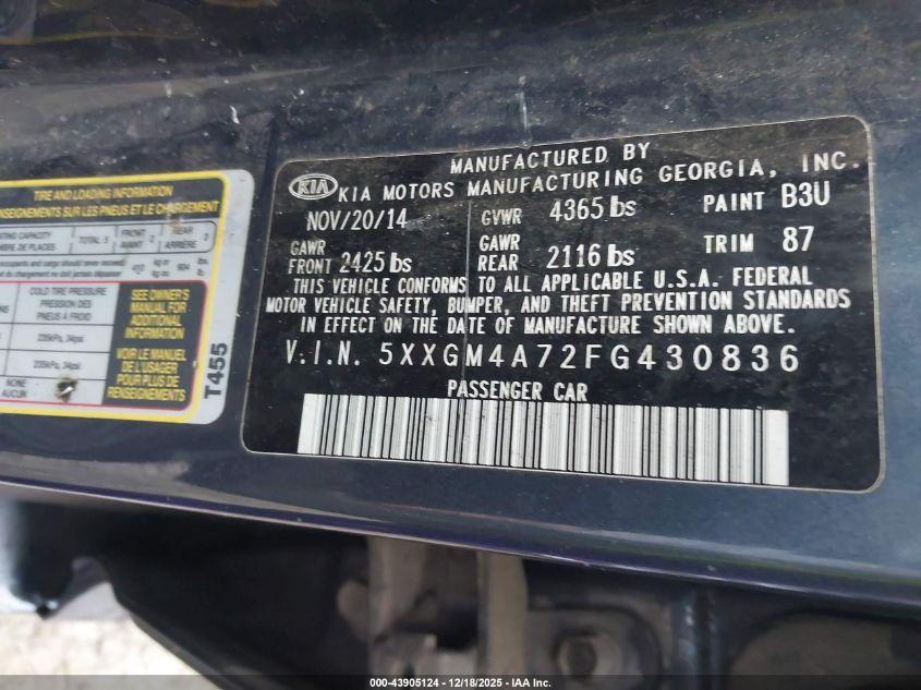 2015 Kia Optima Lx VIN: 5XXGM4A72FG430836 Lot: 43905124