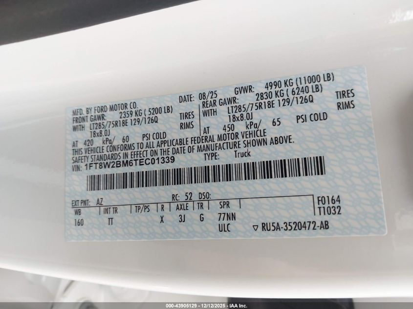 2026 Ford F-250 Platinum VIN: 1FT8W2BM6TEC01339 Lot: 43905129