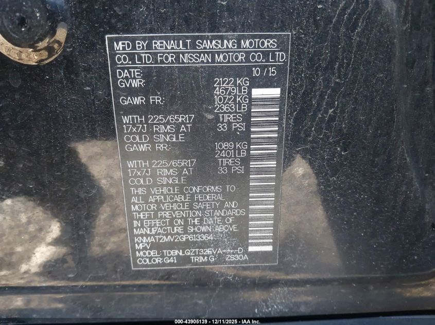2016 Nissan Rogue Sv VIN: KNMAT2MV2GP613364 Lot: 43905139