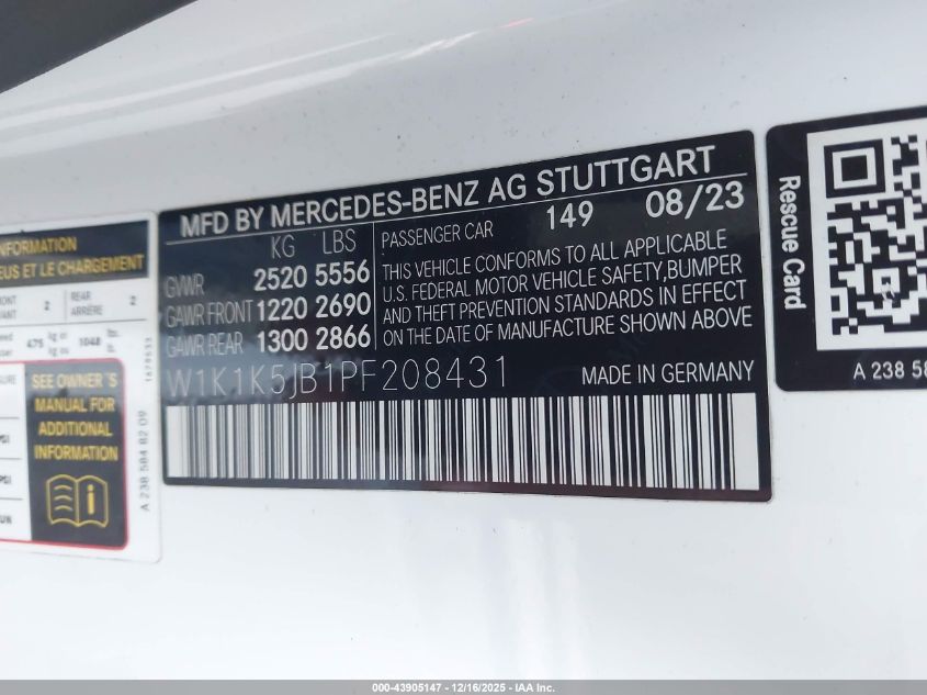 2023 Mercedes-Benz E 450 VIN: W1K1K5JB1PF208431 Lot: 43905147