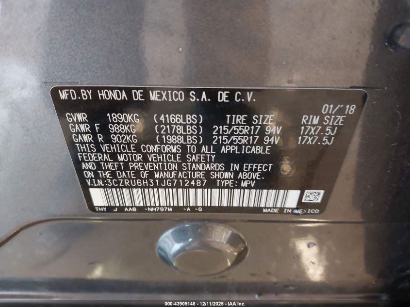 2018 Honda Hr-V Lx VIN: 3CZRU6H31JG712487 Lot: 43905148