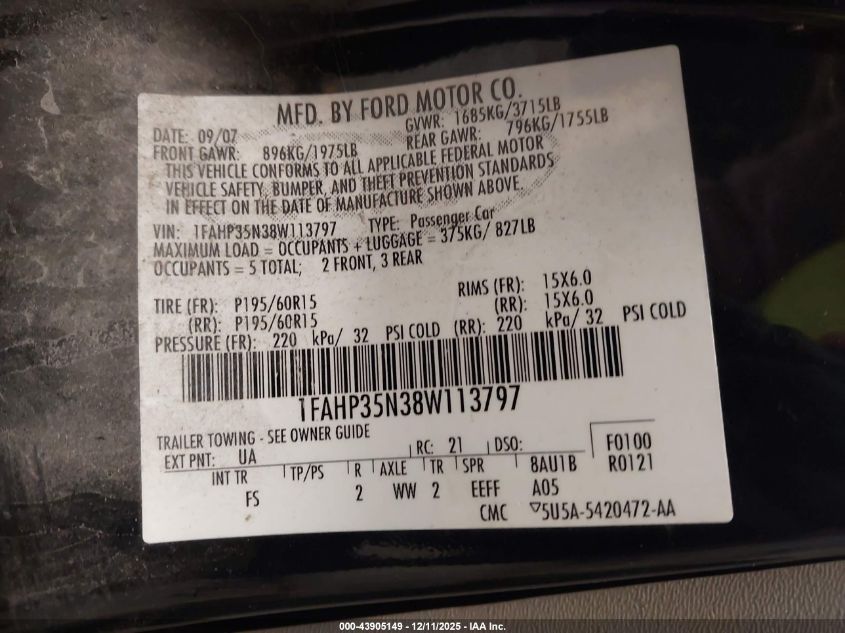 2008 Ford Focus Se VIN: 1FAHP35N38W113797 Lot: 43905149