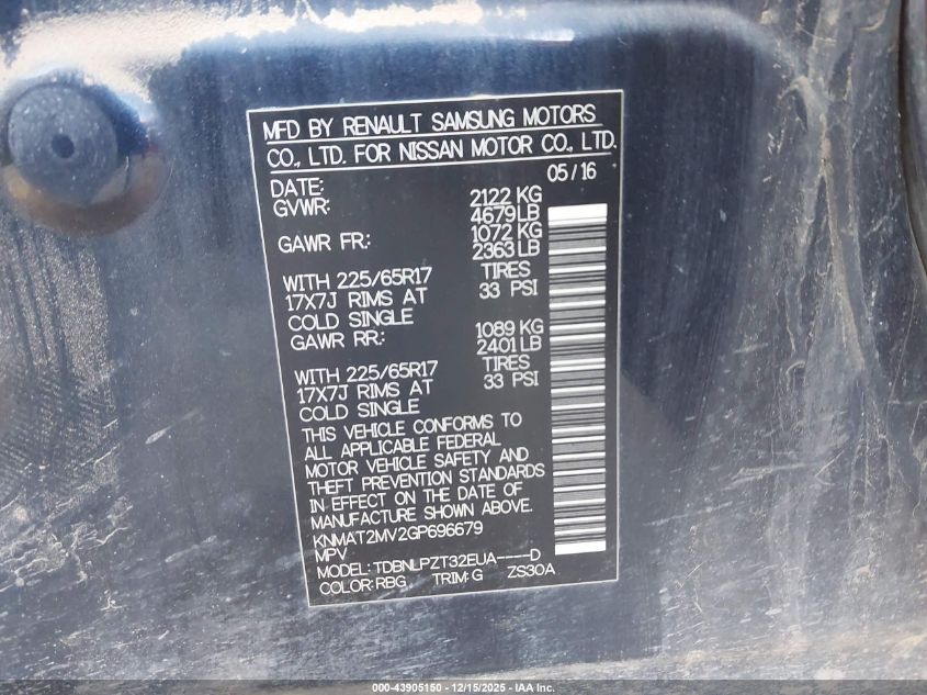 2016 Nissan Rogue S/Sl/Sv VIN: KNMAT2MV2GP696679 Lot: 43905150