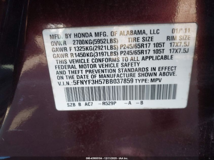 2011 Honda Pilot Ex-L VIN: 5FNYF3H57BB037859 Lot: 43905154