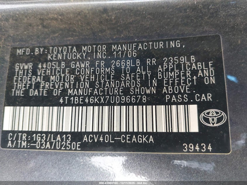 2007 Toyota Camry Xle VIN: 4T1BE46KX7U096678 Lot: 43905155