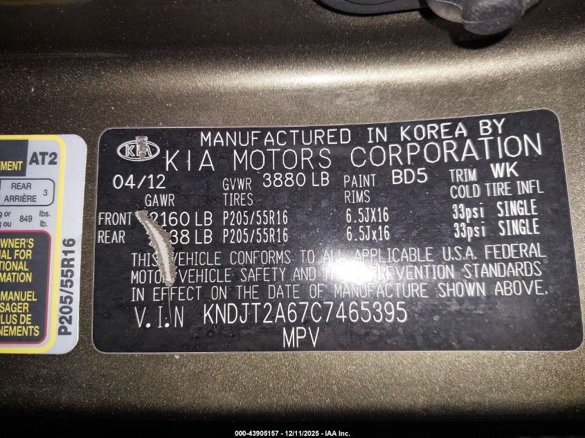 2012 Kia Soul + VIN: KNDJT2A67C7465395 Lot: 43905157