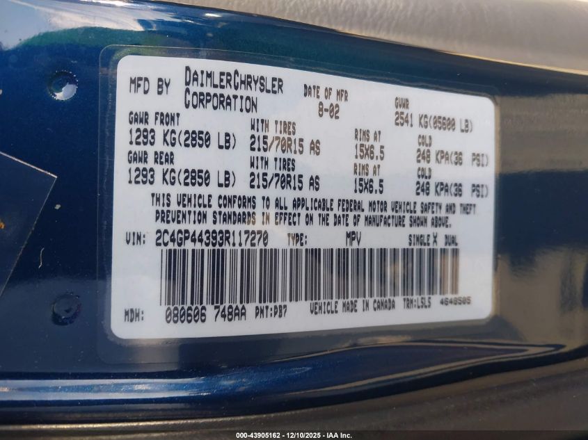 2003 Chrysler Town & Country Lx VIN: 2C4GP44393R117270 Lot: 43905162