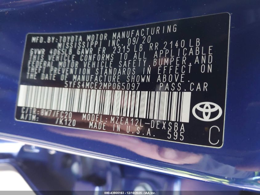 2021 Toyota Corolla Se VIN: 5YFS4MCE2MP065097 Lot: 43905163