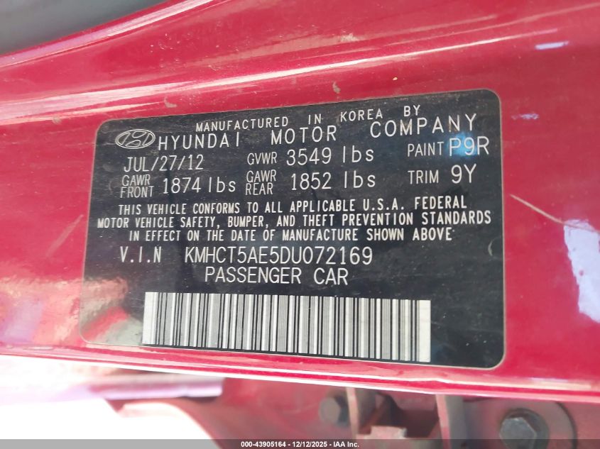 2013 Hyundai Accent Gs VIN: KMHCT5AE5DU072169 Lot: 43905164