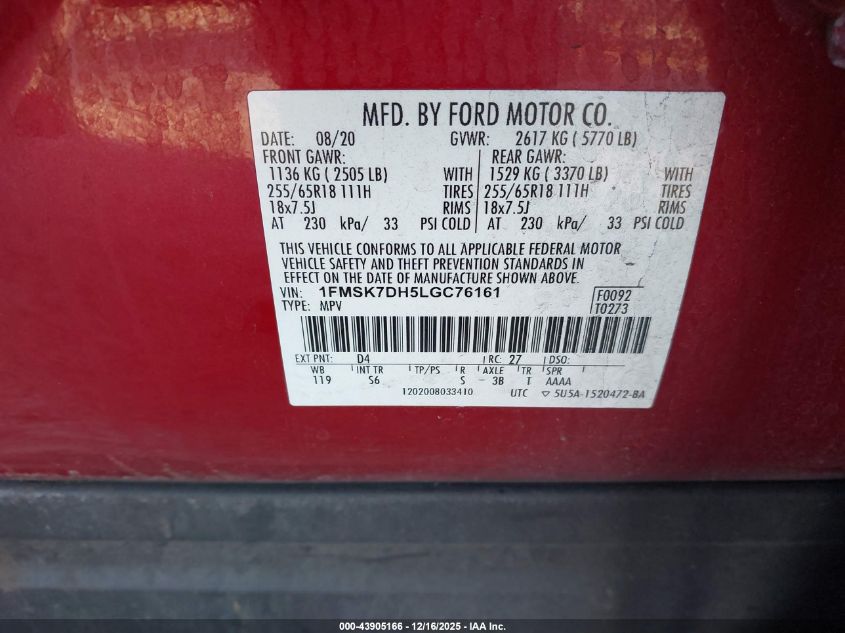 2020 Ford Explorer Xlt VIN: 1FMSK7DH5LGC76161 Lot: 43905166