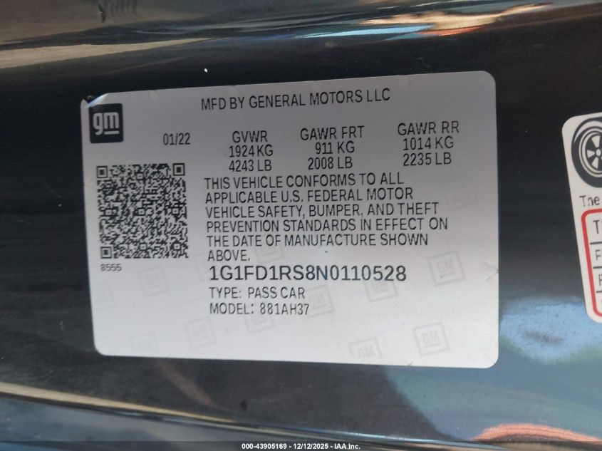 2022 Chevrolet Camaro Rwd 2Lt VIN: 1G1FD1RS8N0110528 Lot: 43905169