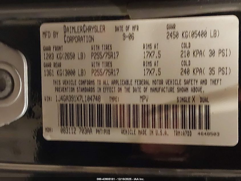 2007 Jeep Wrangler Unlimited X VIN: 1J4GA391X7L104748 Lot: 43905181