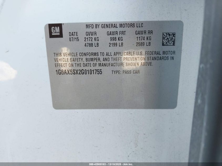 2016 Cadillac Cts Luxury Collection VIN: 1G6AX5SX2G0101755 Lot: 43905183