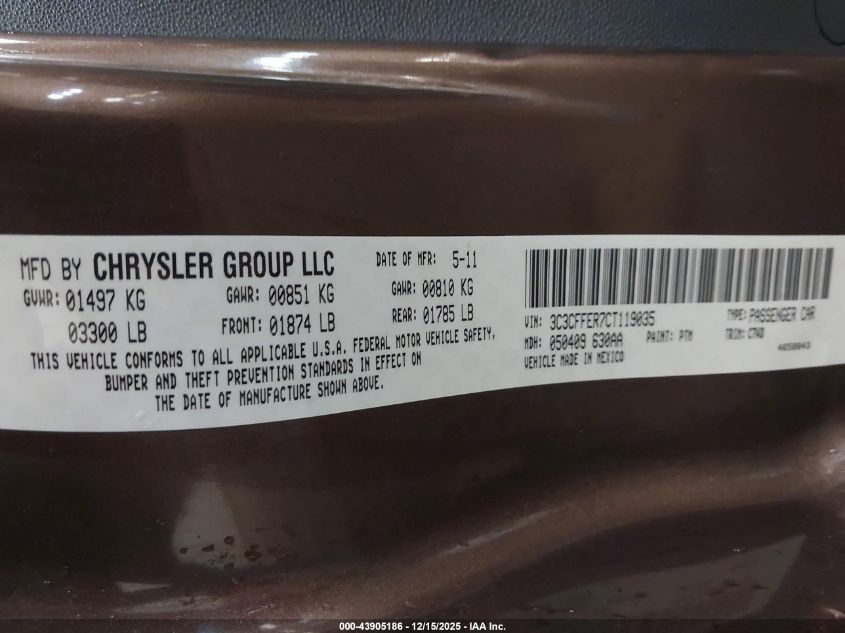 2012 Fiat 500C Lounge VIN: 3C3CFFER7CT119035 Lot: 43905186