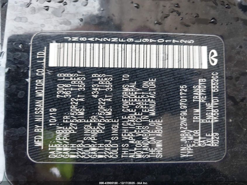 2020 Infiniti Qx80 Luxe VIN: JN8AZ2NF9L9701725 Lot: 43905188