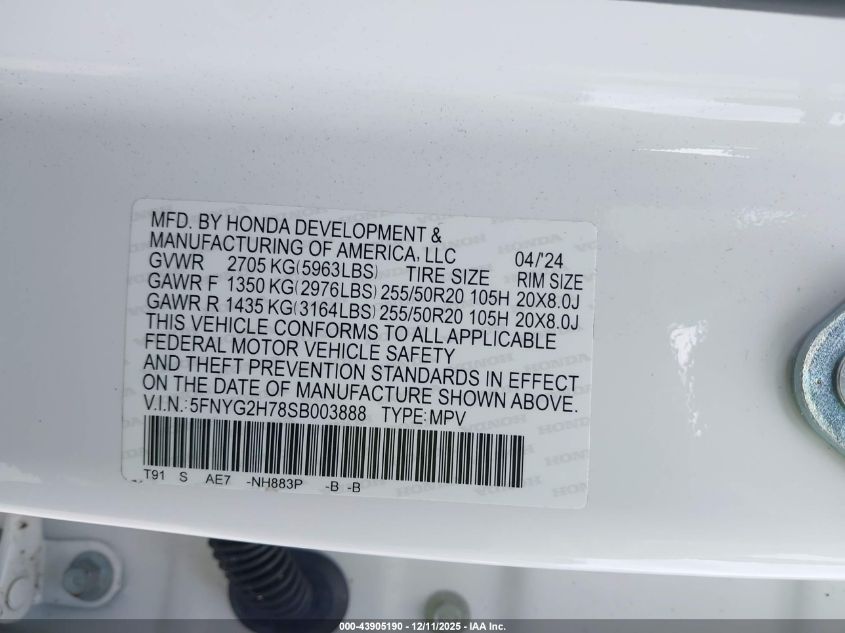 2025 Honda Pilot Touring VIN: 5FNYG2H78SB003888 Lot: 43905190