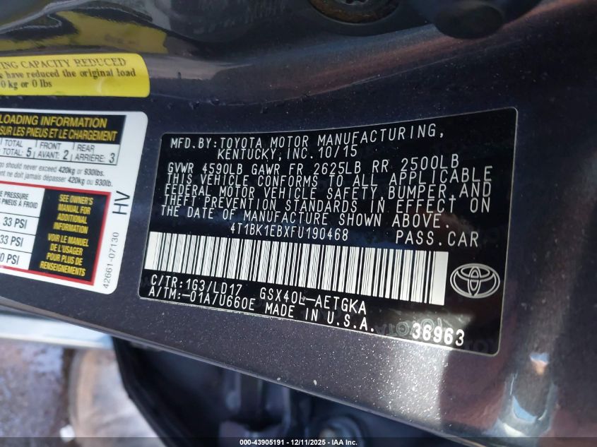 2015 Toyota Avalon Xle VIN: 4T1BK1EBXFU190468 Lot: 43905191