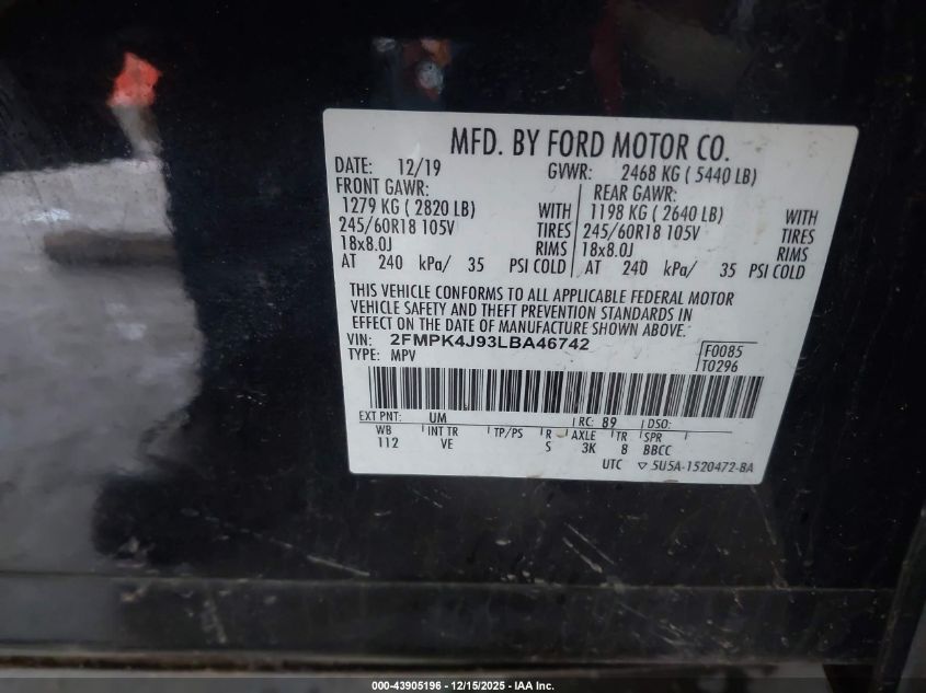 2020 Ford Edge Sel VIN: 2FMPK4J93LBA46742 Lot: 43905196