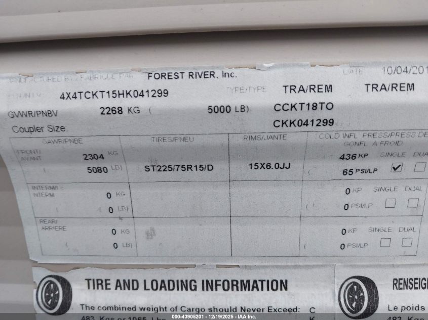 2017 Cherokee Wolf Pup VIN: 4X4TCKT15HK041299 Lot: 43905201