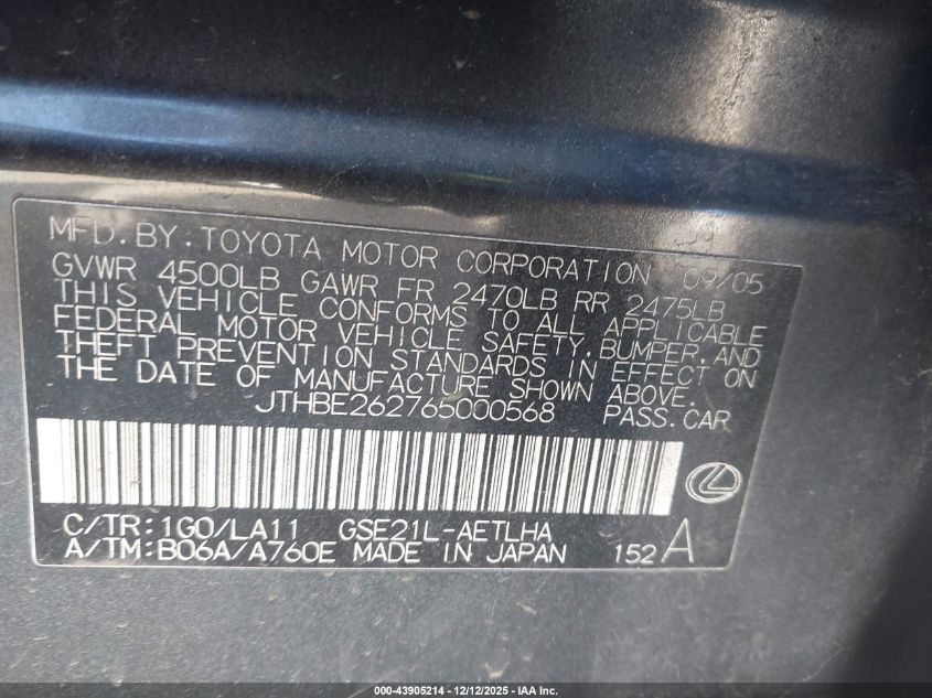 2006 Lexus Is 350 VIN: JTHBE262765000568 Lot: 43905214