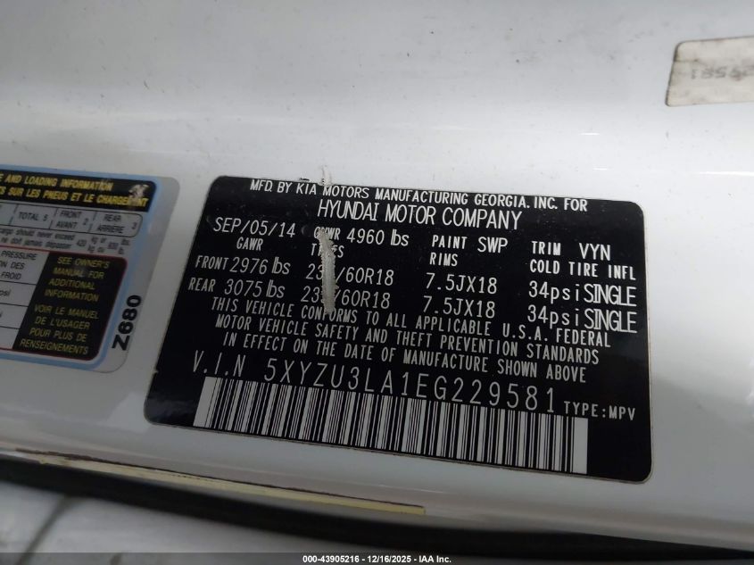 2014 Hyundai Santa Fe Sport 2.0L Turbo VIN: 5XYZU3LA1EG229581 Lot: 43905216
