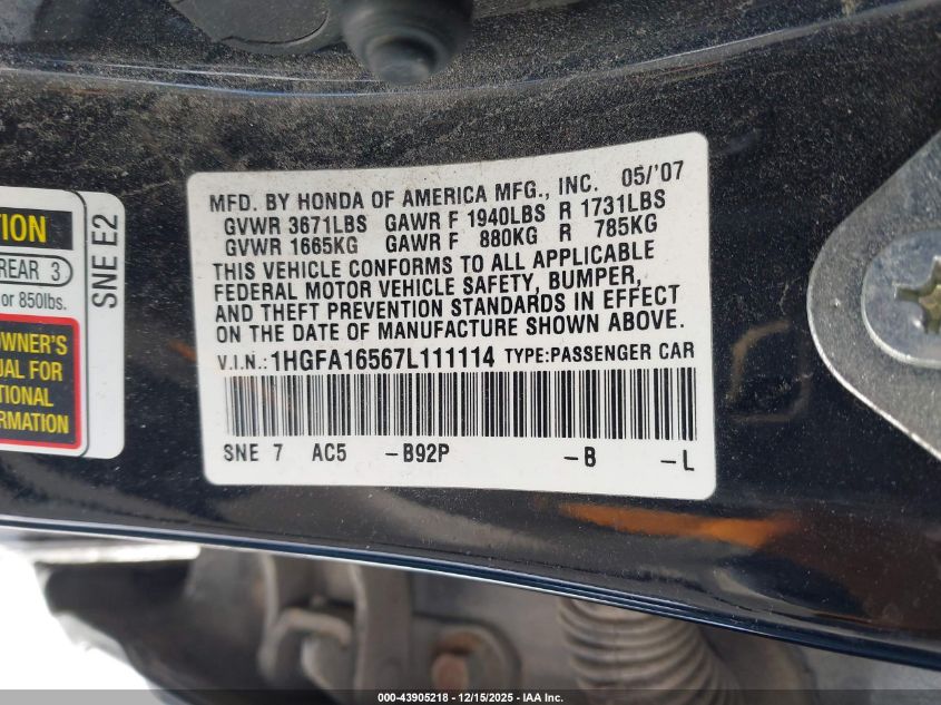 2007 Honda Civic Lx VIN: 1HGFA16567L111114 Lot: 43905218